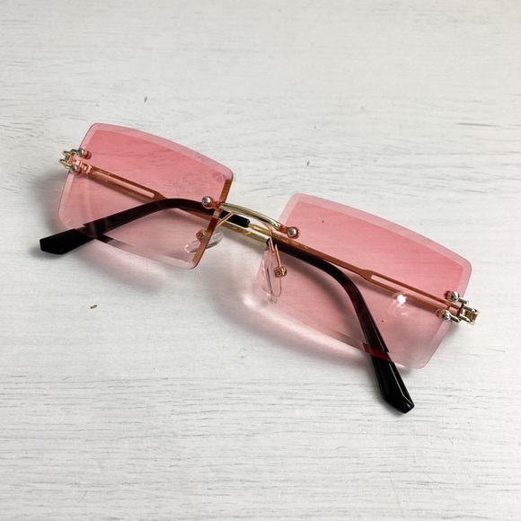 Vintage Rimless Rectangle Pink Tinted Lens Gold Metal Frameless Sunglasses - Picture 4 of 5